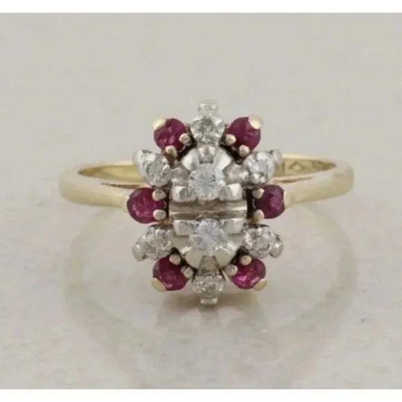 14k Yellow Gold & White Gold Natural Diamond and Ruby Ring Size 5 - Picture 6 of 9